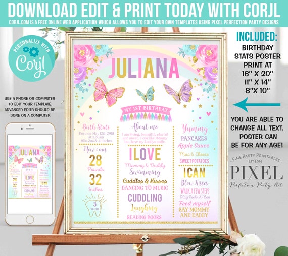 Butterfly 1st Birthday Poster Butterfly Birthday Sign Pink Gold Floral Butterfly Milestone Poster Instant Download Editable File Corjl BB Il_570xn