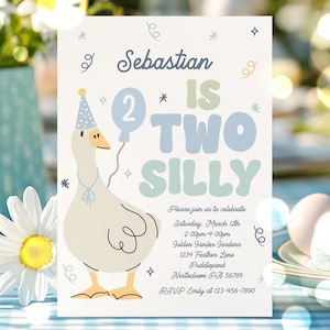 Editable Two Silly Goose Birthday Party Invitation Blue Goose Two Silly 2nd Birthday Party Daisy Spring 2nd Birthday Instant Download SG0