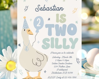 Editable Two Silly Goose Birthday Party Invitation Blue Goose Two Silly 2nd Birthday Party Daisy Spring 2nd Birthday Instant Download SG0