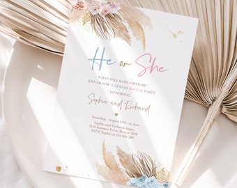 Editable Pampas Grass Gender Reveal Invitation Bohemian Gender Reveal Invite He or She Boho Desert Gender Reveal Instant Download PG