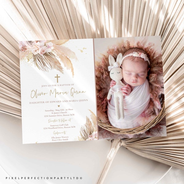 Editable Pampas Grass Baptism Invitation Bohemian Baptism Invitation Boho Baptism Christening 1st Communion Invitation Instant Download PG