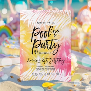 Editable Pool Party Invitation Girly Tie Dye Pool Party Invitation Pool Birthday Party Summer Swimming Pool Party Instant Download R3