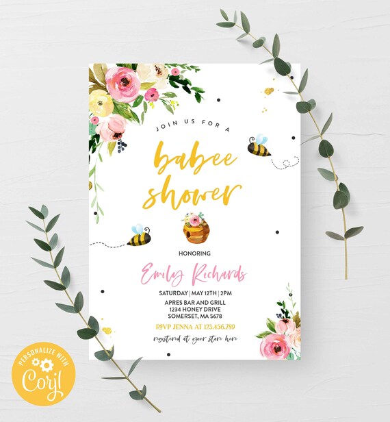 Editable Bee Baby Shower Invitation Babee Shower Invite Mommy To Bee Pink Floral Girl Baby Shower Yellow Floral Honey Bee Instant File BH Il_570xn