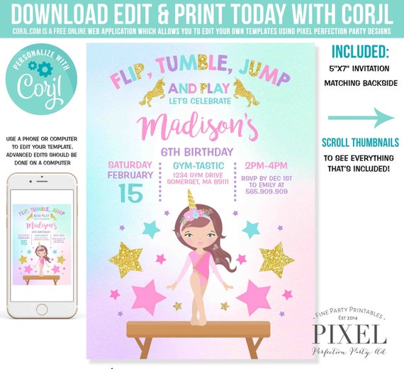 Gymnastics Unicorn Invitation Unicorn Gymnastics Invitation Gymnastics Party Magical Gymnastics Party Instant Download Editable PDF K3 Il_570xn