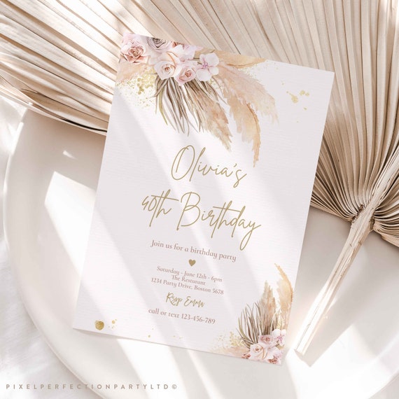 Editable Pampas Grass Birthday Party Invitation Bohemian 40th Birthday Party Floral Boho Tropical Desert Adult Birthday Instant Download PG Il_570xn
