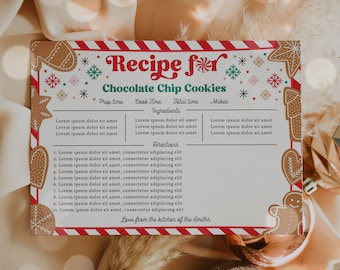 May include: A printable recipe card with a red and white striped border. The card has a festive Christmas theme with gingerbread cookies and snowflakes. The recipe is for chocolate chip cookies and includes instructions and ingredients. The text reads "Recipe for Chocolate Chip Cookies" and "Love from the kitchen of the Smiths".