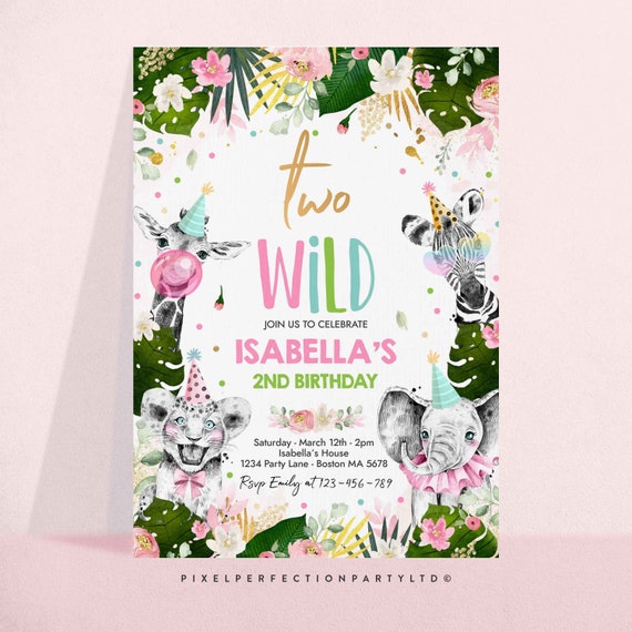 Editable Two Wild Birthday Invitation Safari Animals Invitation Two Wild 2nd Birthday Party Gold Monochrome Jungle Party Instant Download PS Il_570xn