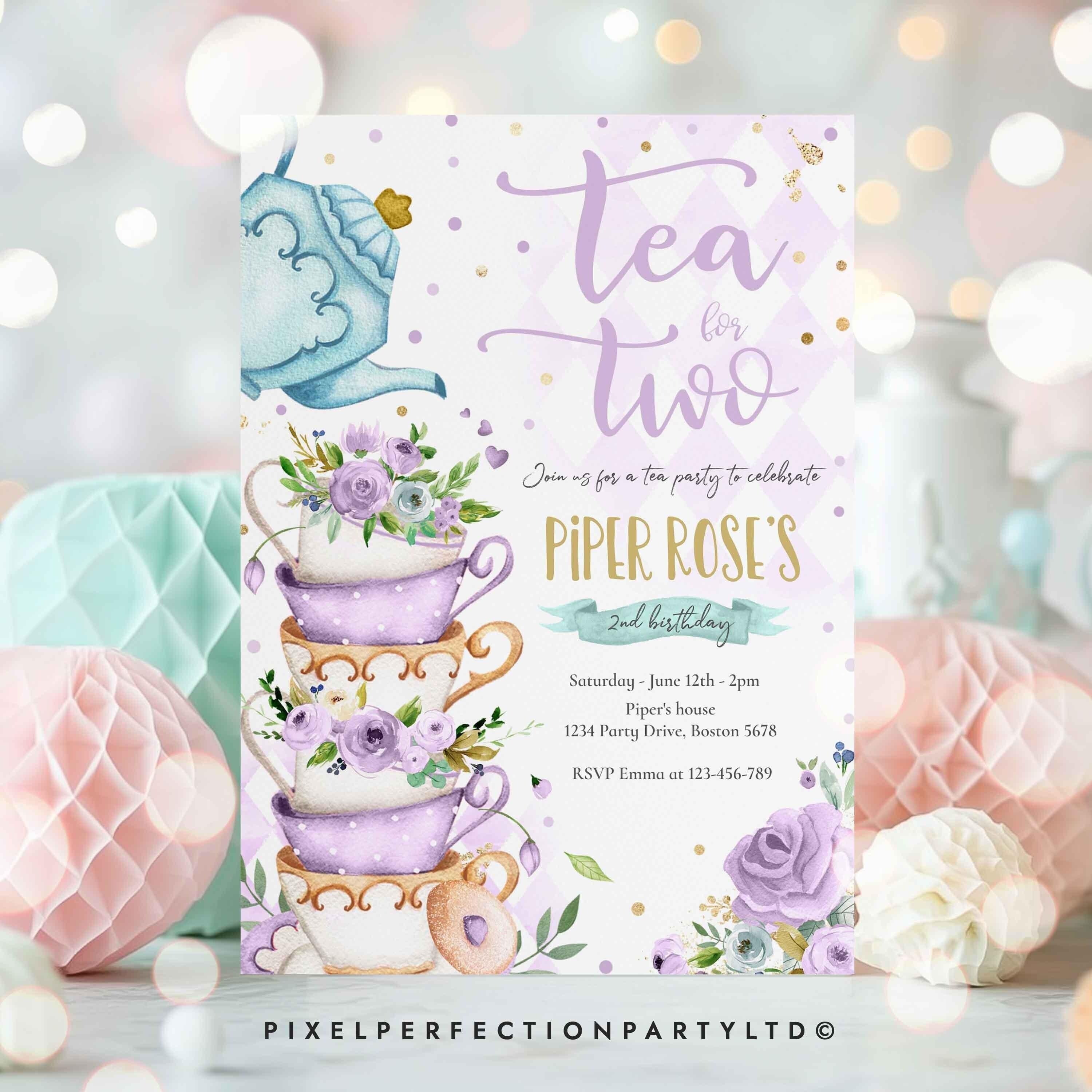 Editable Tea for Two Birthday Invitation Tea for Two 2nd Birthday Party  Pink Gold Floral Whimsical Tea Party Instant Download XC - Etsy, image size:3000x3000