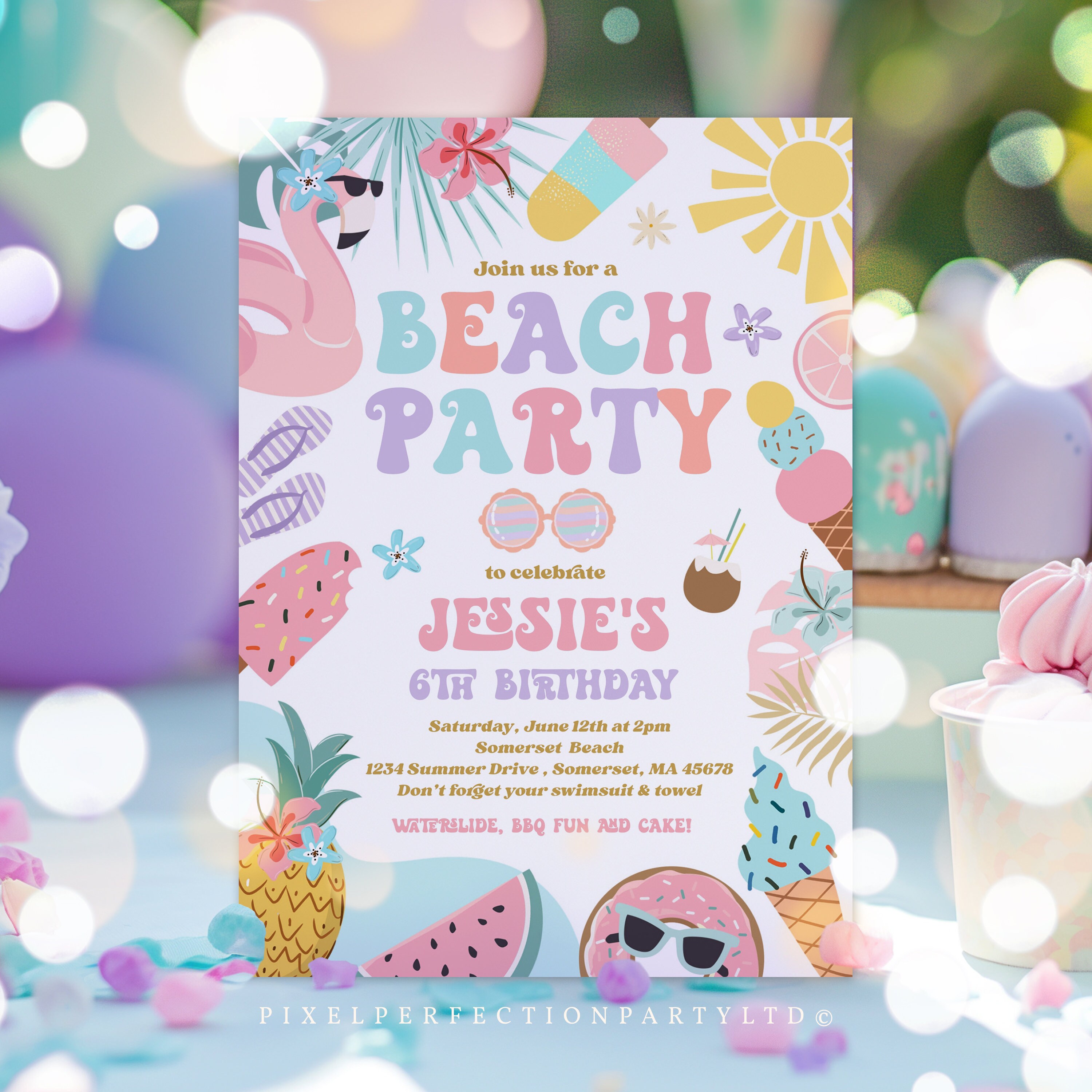 Editable Beach Birthday Party Invitation Tropical Splish Splash