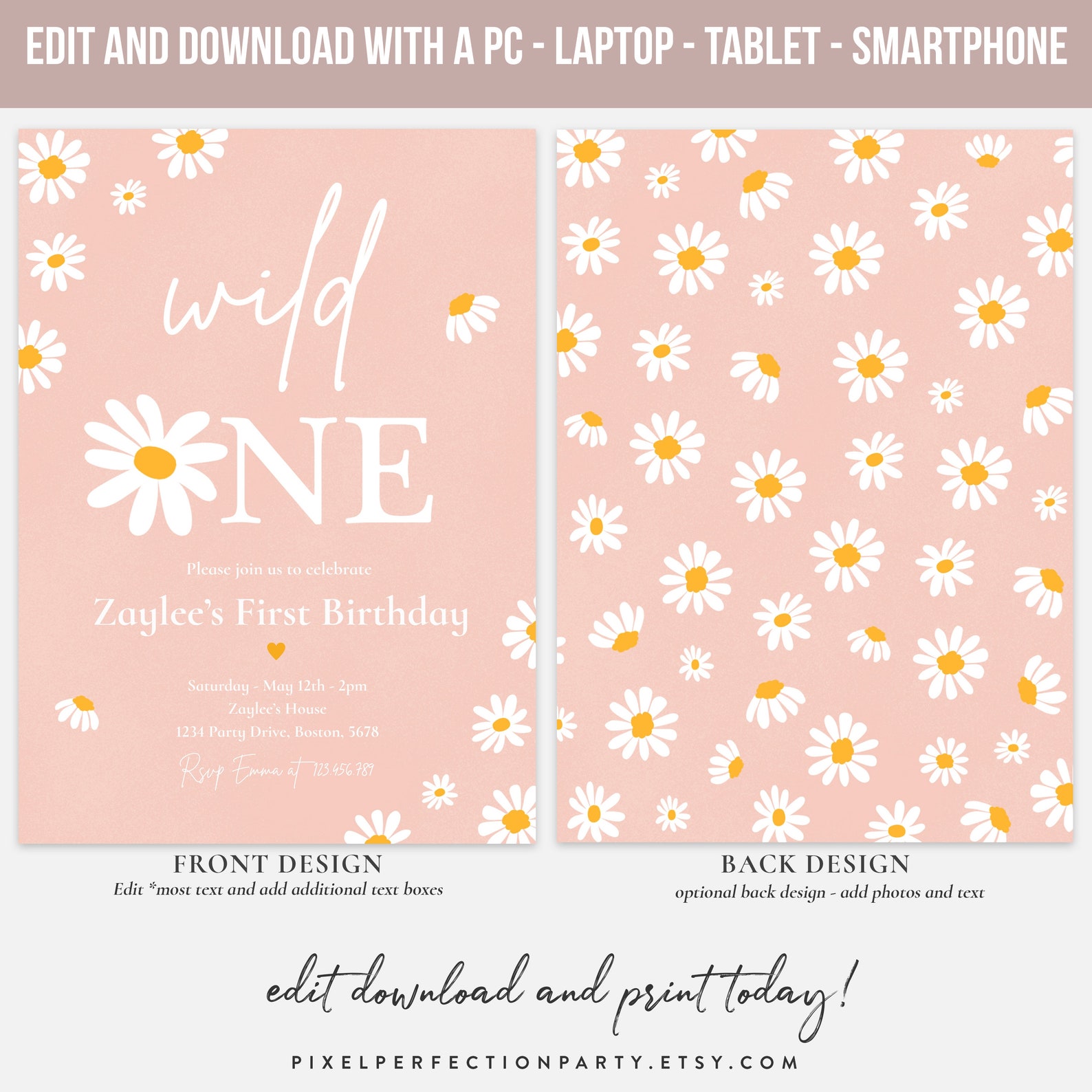 Editable Daisy Birthday Party Invitation Boho Daisy Wild One Etsy