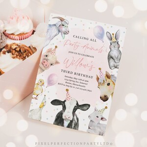 May include: A pink and white party invitation with a watercolor illustration of farm animals wearing party hats. The invitation reads "Calling all Party Animals, Join us to celebrate Willow's Third Birthday".
