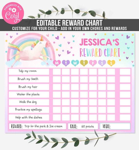 editable unicorn reward chart unicorn kids chore chart kids unicorn