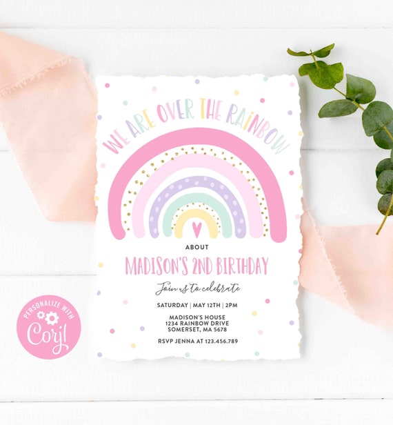 Editable Rainbow Birthday Invitation Pink Rainbow Party Invitation Pastel Pink Rainbow Birthday Modern Rainbow Party Instant Download RM Il_570xn