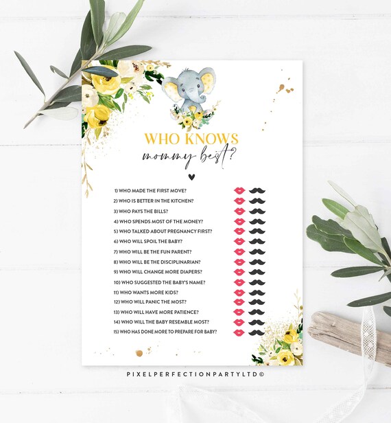 Elephant Who Knows Mommy Game Yellow Floral Elephant Who Knows Mommy Best Game Elephant Baby Shower Game Instant download PE Il_570xn