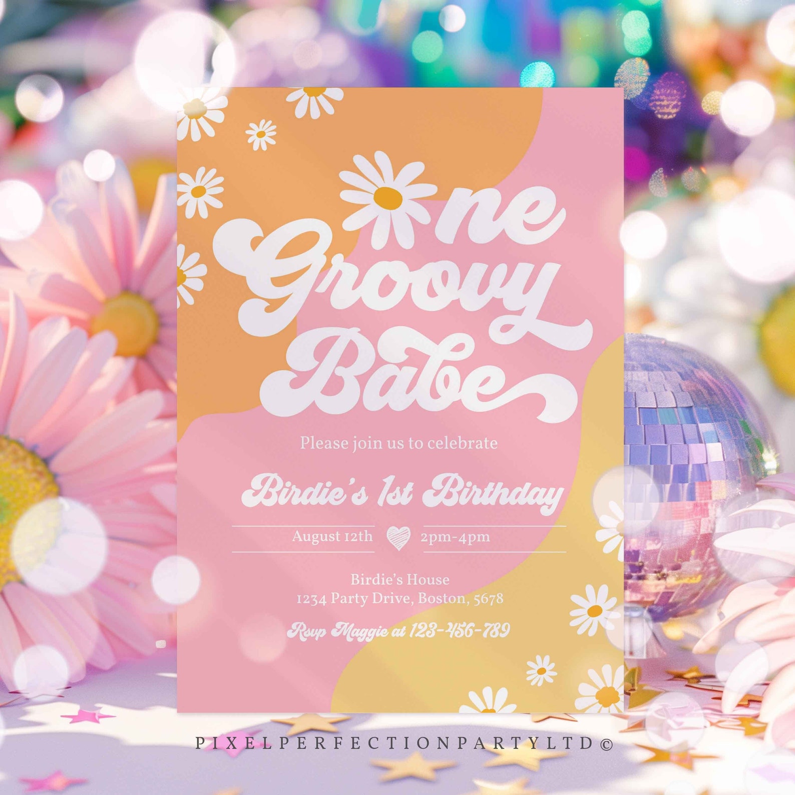 Editable One Groovy Baby 1st Birthday Party Invitation Boho Retro ...