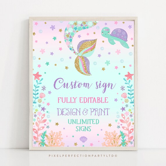 Fully Editable Mermaid Birthday Party Sign Mermaid Make Multiple Signs Under The Sea Whimsical Mermaid Party Decor Instant Download 6A Il_570xn