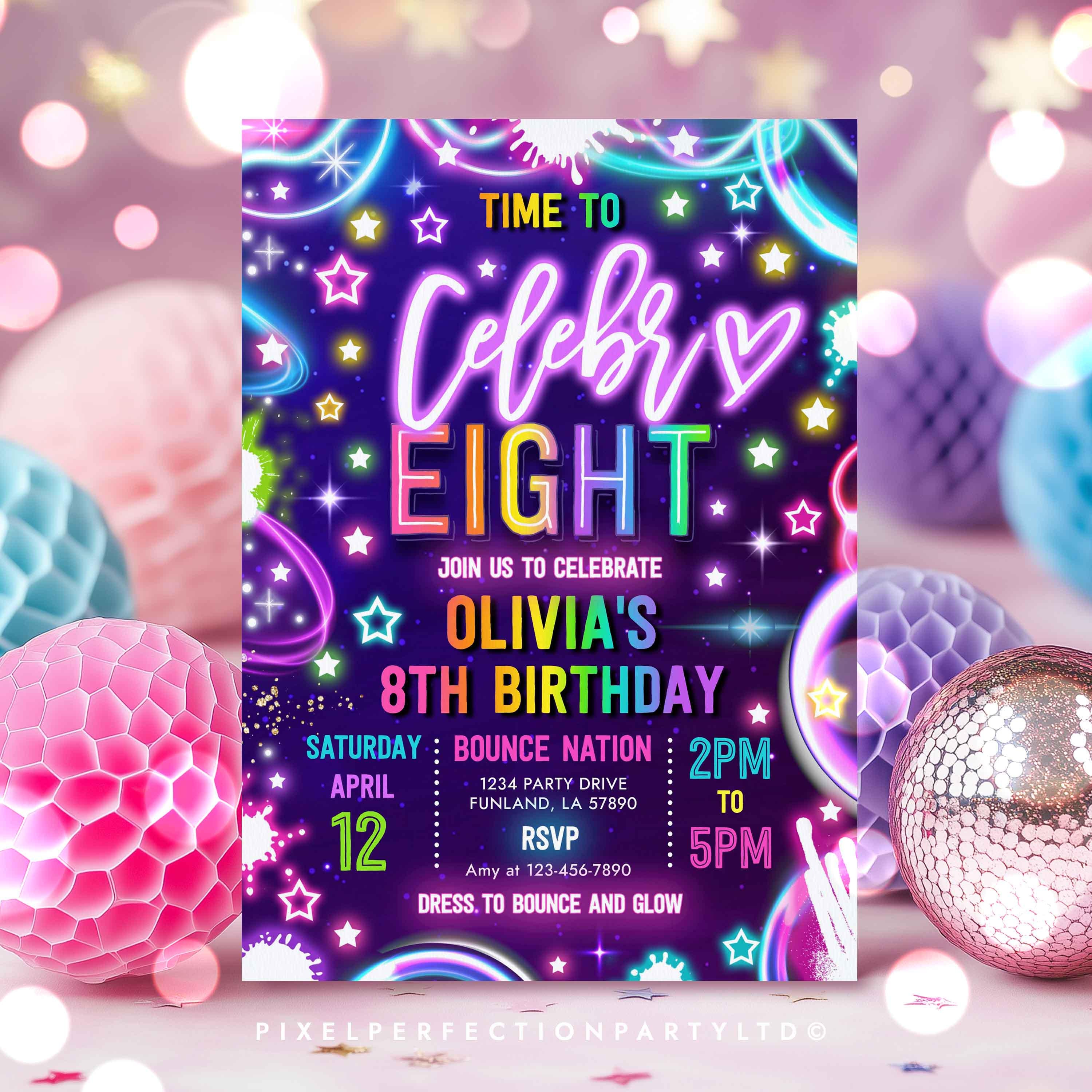 Editable Time to Celebr-8 8th Birthday Party Invitation Neon Glow