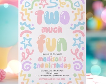 Editable Two Much Fun Balloon Letters Doodle Birthday Party Invitation Pastel Doodle Girly 2nd Birthday Party Invite Instant Download ER5