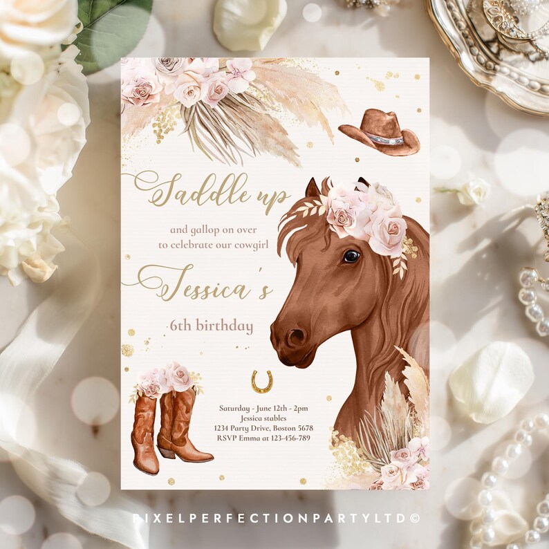 May include: A rectangular birthday invitation card featuring a brown horse head adorned with pink roses, a brown cowboy hat, and a pair of brown cowboy boots. The text reads: Saddle up and gallop on over to celebrate our cowgirl Jessica's 6th birthday.