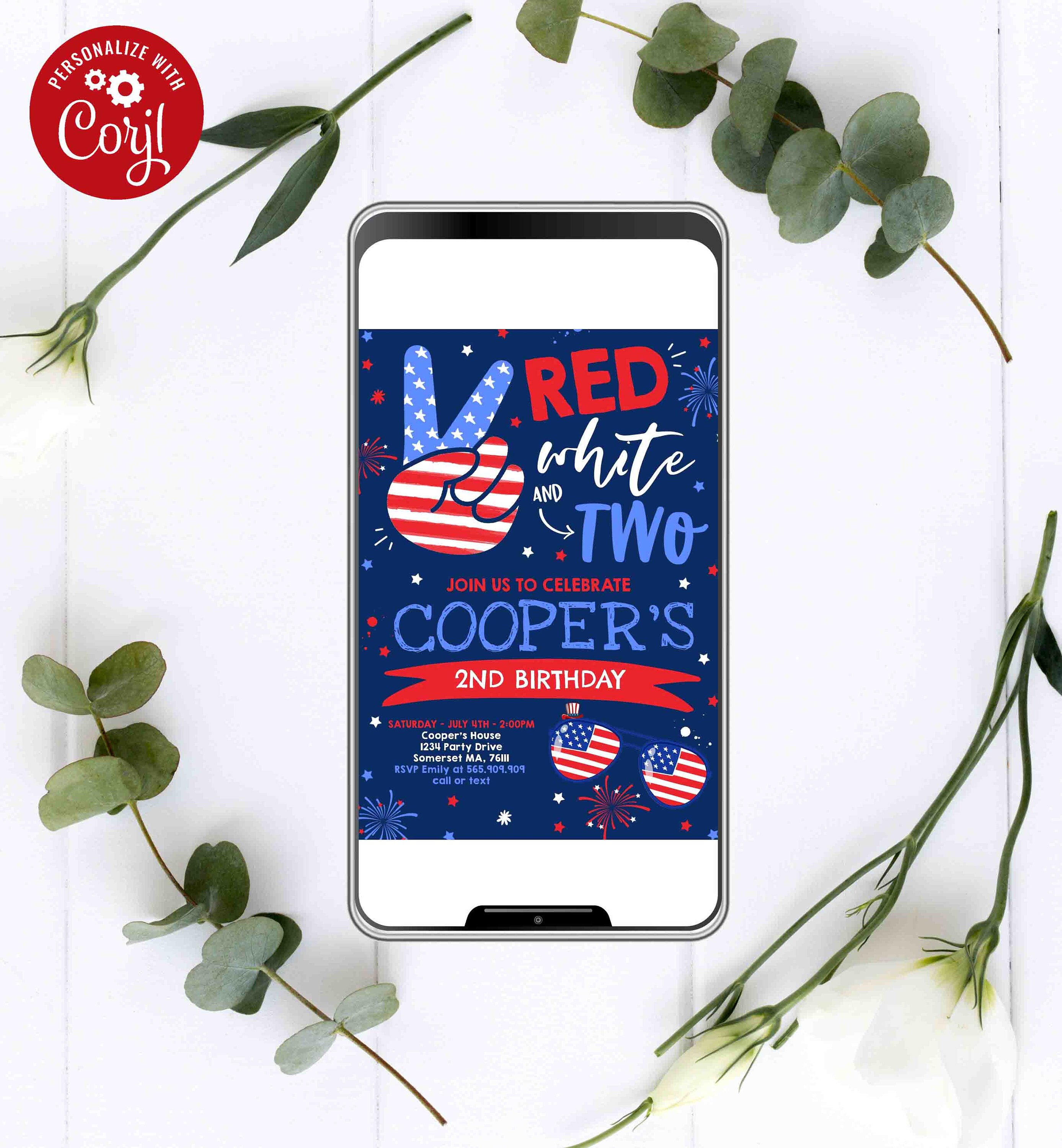 Editable 4th of July Birthday Invitation 4th of July Red White and Two ...