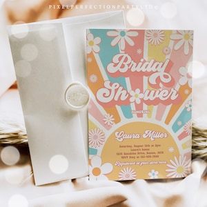 Editable Retro Bridal Shower Invitation Retro Bohemian Hippie Vibes Daisy 70s Flower Power Bridal Shower Invitation Instant Download 4R6 画像 4