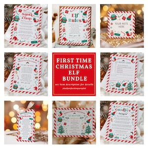 May include: A collection of Christmas-themed stationery items with red and white striped borders. The bundle includes notes from Santa, Elf Rules, Elf Report Cards, and adoption certificates. The text includes "First Time Christmas Elf Bundle" and "pixelperfectionpartyltd".