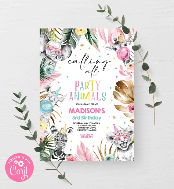 Editable Party Animals Birthday Invitation Safari Animals Birthday Invite Girl Safari Modern Monochrome Safari Party Instant Download PS Il_570xn