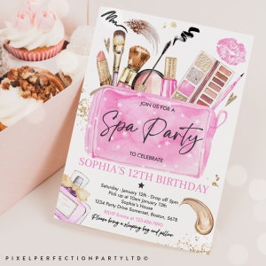 Editable Spa Makeup Birthday Party Invitation Glam Party Invitation Girl Pink And Gold Tween Teen Spa Birthday Party Instant Download KS