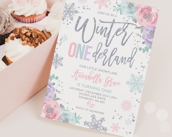 WINTER ONEderland Invitation Pink & Silver Winter ONEderland Invitation Floral Winter ONEderland Party Instant Download Editable Corjl WO1