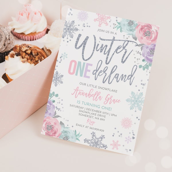 WINTER ONEderland Invitation Pink & Silver Winter ONEderland Invitation Floral Winter ONEderland Party Instant Download Editable Corjl WO1