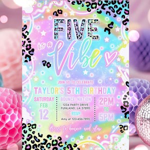 Editable Five Is A Vibe 5th Birthday Party Invitation Five Is A Vibe Neon Glow Birthday Party Girl Glow 5th Birthday Instant Download YT8