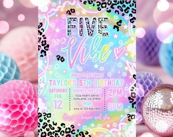 Editable Five Is A Vibe 5th Birthday Party Invitation Five Is A Vibe Neon Glow Birthday Party Girl Glow 5th Birthday Instant Download YT8