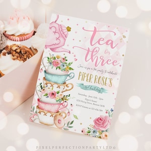 Editable Tea For Three Birthday Invitation Tea For Three 3rd Birthday Party Pink Gold Floral Whimsical Tea Party Instant Download TR image 6