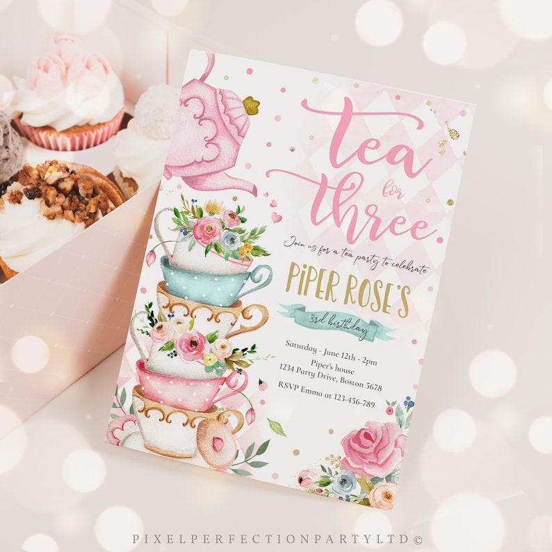 Editable Tea For Three Birthday Invitation Tea For Three 3rd Birthday Party Pink Gold Floral Whimsical Tea Party Instant Download TR image 6