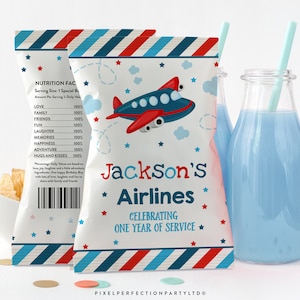 Editable Airplane Chip Bag Wrapper Labels Aircraft Birthday Party Chip Bag Party Favors Airplane 1st Birthday Instant Download PA