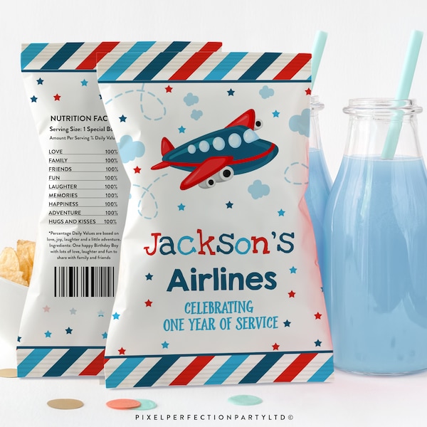 Editable Airplane Chip Bag Wrapper Labels Aircraft Birthday Party Chip Bag Party Favors Airplane 1st Birthday Instant Download PA