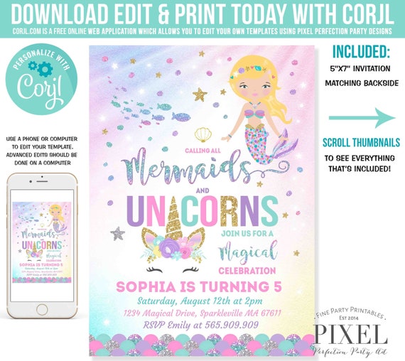 Mermaid And Unicorn Birthday Invitation Magical Unicorn Mermaid Invite Mermaid Unicorn Magical Party Instant Download Editable File Corjl 9A Il_570xn