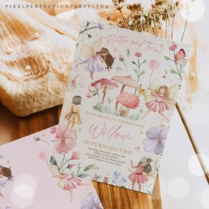 May include: A whimsical invitation with the text "Flutter and Twirl" and "Willow is turning two." The design features illustrations of fairies, mushrooms, flowers, and a butterfly in soft pastel colors. The invitation includes event details.