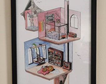 Può includere: Un'illustrazione ad acquerello di una casa a più livelli con una camera da letto, un soggiorno e una torre. La camera da letto ha un letto a baldacchino con una tettoia e uno scrigno ai piedi del letto. Il soggiorno ha una libreria, un camino, un drago e una persona seduta su una sedia. La torre ha una persona in piedi in una finestra.