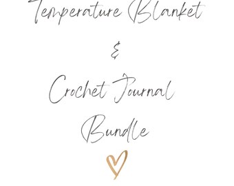 Puede incluir: Una ilustración digital de un cartel escrito a mano que dice "Temperature Blanket & Crochet Journal Bundle" con un corazón dorado en la parte inferior y la dirección del sitio web "www.etsy.com/shop/astrojc creations".