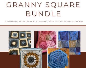 May include: A collection of granny square crochet patterns, including a sunflower, hexagon, triple crochet, puff stitch, and double crochet.  The patterns are shown in various colors, including blue, pink, yellow, and white.  WWW.ETSY.COM/SHOP/ASTROJCREATIONS