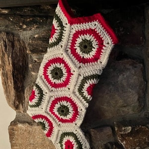 Crochet Stocking. Hexagon Granny Square. Red Green Off White Download Now - PDF Pattern