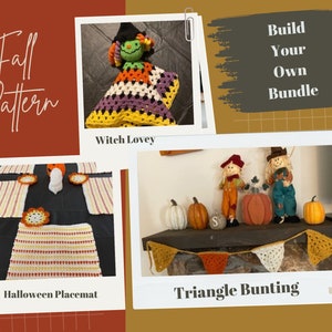 May include: A collection of crochet patterns for fall, including a witch lovey, a Halloween placemat, and a triangle bunting. Build your own bundle.