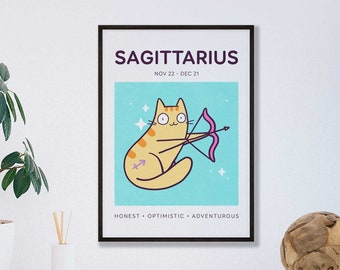 Sagittarius Cat Print, A5 Zodiac Cat Wall Art, Cat Astrology Poster, Star Sign Print