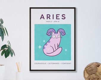 Aries Cat Print, A5 Zodiac Cat Wall Art, Cat Astrology Poster, Star Sign Print