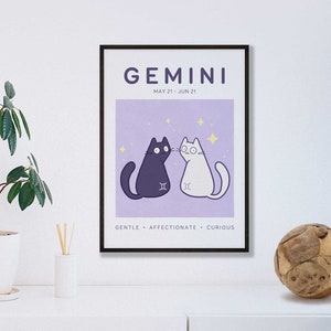 Gemini Cat Print, A5 Zodiac Cat Wall Art, Cat Astrology Poster, Star Sign Print