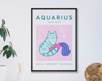 Aquarius Cat Print, A5 Zodiac Cat Wall Art, Cat Astrology Poster, Star Sign Print