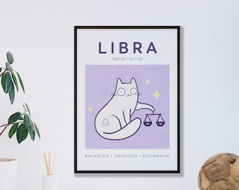 Libra Cat Print, A5 Zodiac Cat Wall Art, Cat Astrology Poster, Star Sign Print