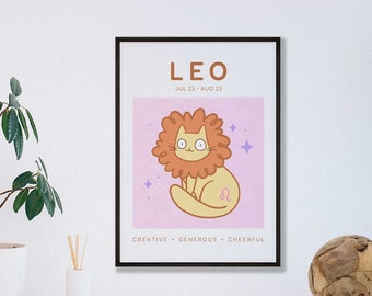 Leo Cat Print, A5 Zodiac Cat Wall Art, Cat Astrology Poster, Star Sign Print