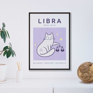 Libra Cat Print, A5 Zodiac Cat Wall Art, Cat Astrology Poster, Star Sign Print image 1